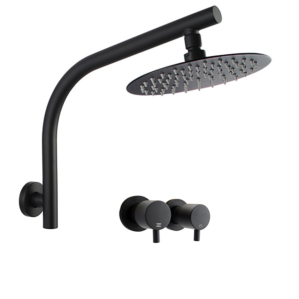 Rainfall Shower Head With Goose Neck Arm Wall Hot Cold Taps Set