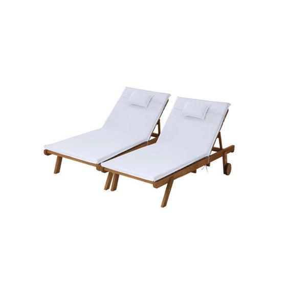 2Pc Sun Lounge Wooden Outdoor Furniture Day Bed Wheel Patio White