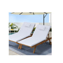 2Pc Sun Lounge Wooden Outdoor Furniture Day Bed Wheel Patio White