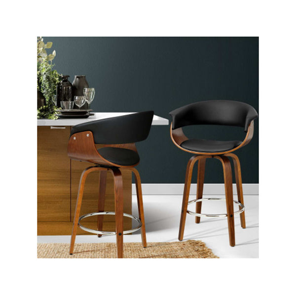 2 Pcs Bar Stools Swivel Wooden Kitchen Dining Chairs Pu Leather Black