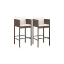 2 Pcs With Cushions Brown Poly Rattan Bar Stools