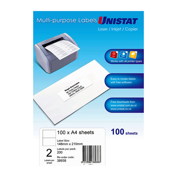 Unistat Lip Label 2Up 148 By 210 Box Of 100
