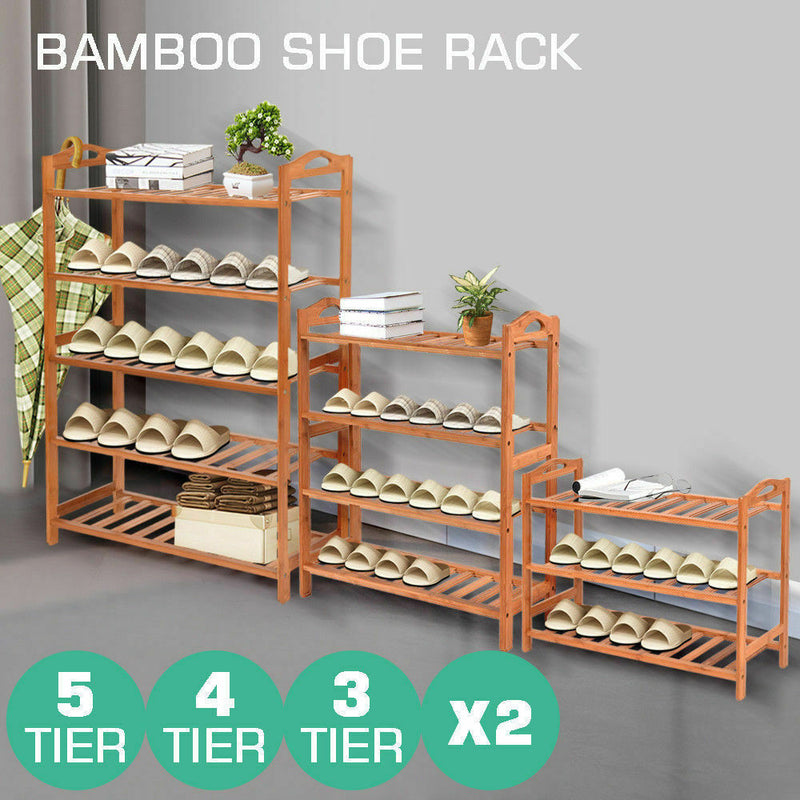 2X 4 Tier Bamboo Shoe Rack Shoes Organizer Storage Shelves Stand Shelf