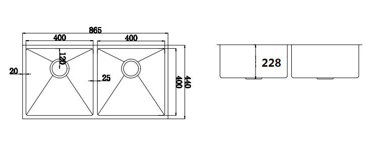 Double Square Cube Stainless Steel Sink 865 x 440mm