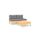 3 Piece Garden Lounge Set Pinewood With Grey Cushions