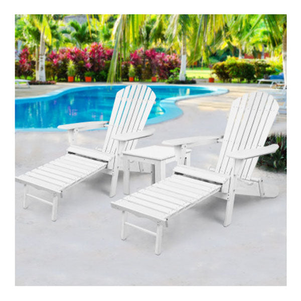 3 Piece White Outdoor Adirondack Lounge Beach Chair Set