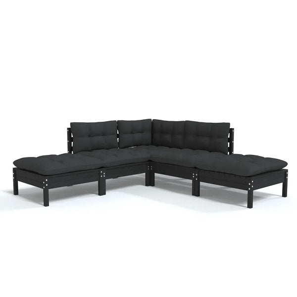 5 Piece Black Pinewood Garden Lounge Set With Cushions
