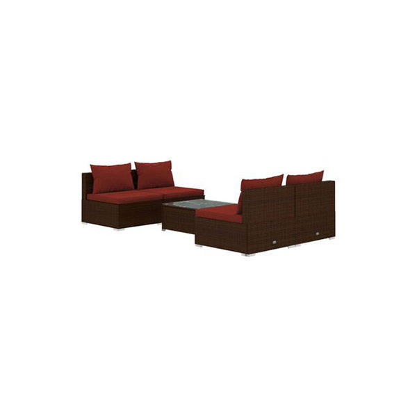 5 Piece Garden Lounge Set with Cushions Brown Poly Rattan