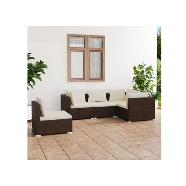 5 Piece Lounge Garden Set With Cushions Brown Poly Rattan