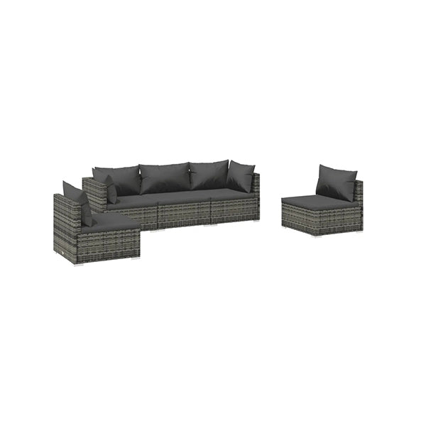 5 Pieces Grey Garden Lounge Set With Cushions Poly Rattan