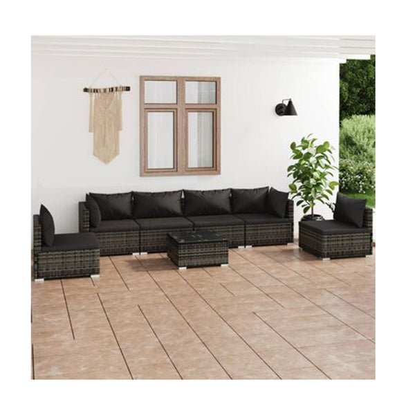 7Pcs Grey Outdoor Patio Lounge With Cushions Poly Rattan