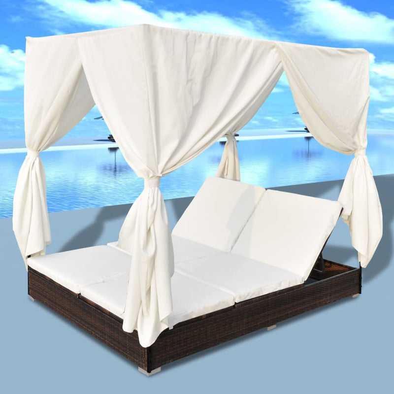 Sunlounger With Curtains Poly Rattan Brown