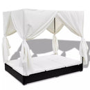 Sunlounger With Curtains Poly Rattan Black