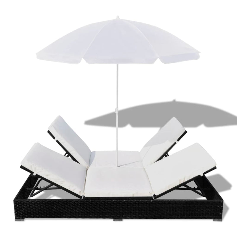Sunlounger With Umbrella Poly Rattan Black