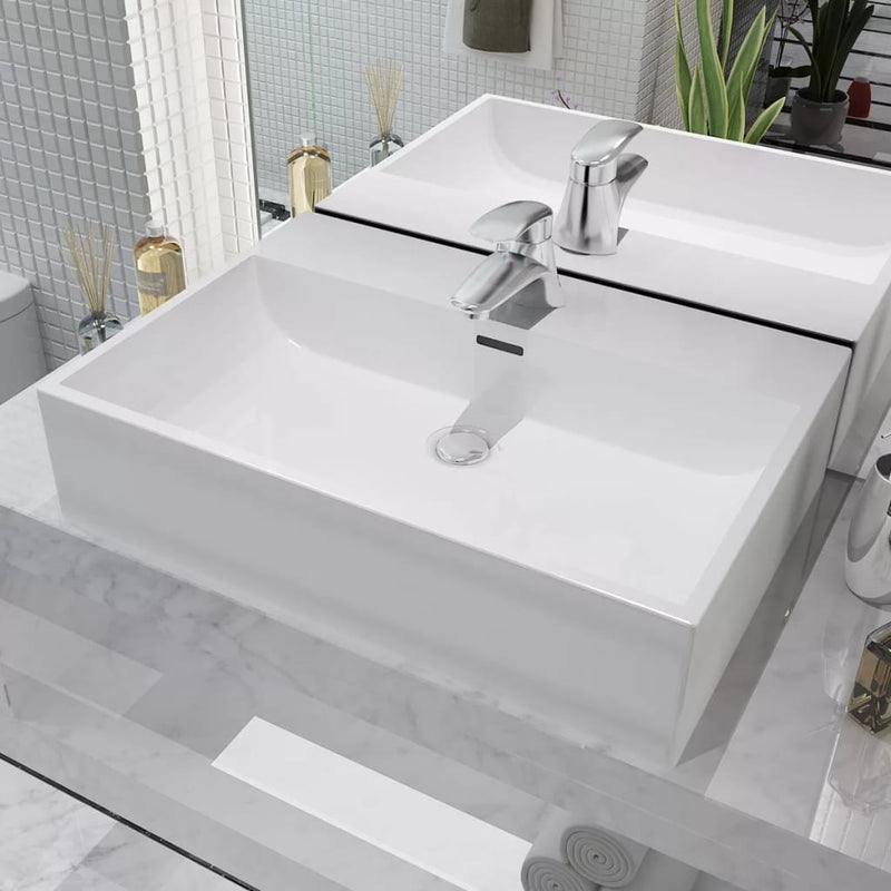 Basin With Faucet Hole Ceramic White 60.5 x 42.5 x 14.5 Cm