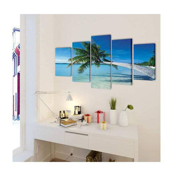Canvas Wall Print Set Sand Beach With Palm Tree 200 x 100 Cm