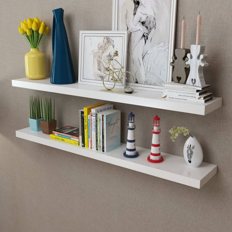 2 White MDF Floating Wall Display Shelves 120 x 20 x 3.8 Cm