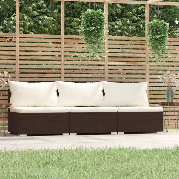 3 Seater Sofa with Cushions Brown Poly Rattan