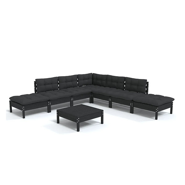 8 Piece Garden Lounge Set With Cushions Black Pinewood