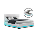 Artiss RGB LED Bed Frame Queen Size Gas Lift Base Storage White Leather LUMI