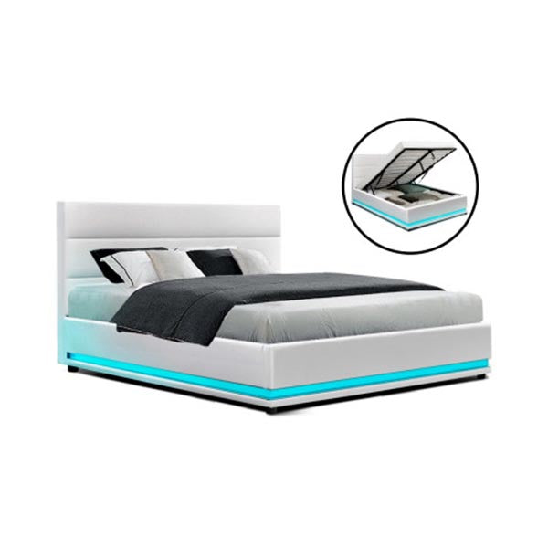 Artiss RGB LED Bed Frame Queen Size Gas Lift Base Storage White Leather LUMI