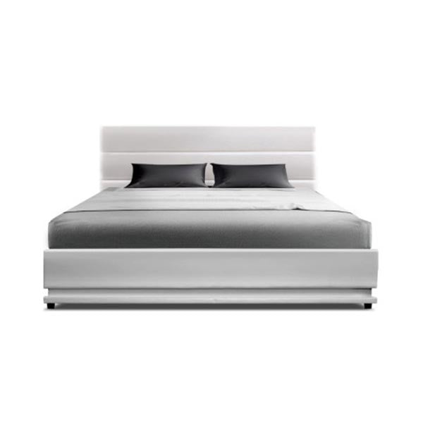 Artiss RGB LED Bed Frame Queen Size Gas Lift Base Storage White Leather LUMI