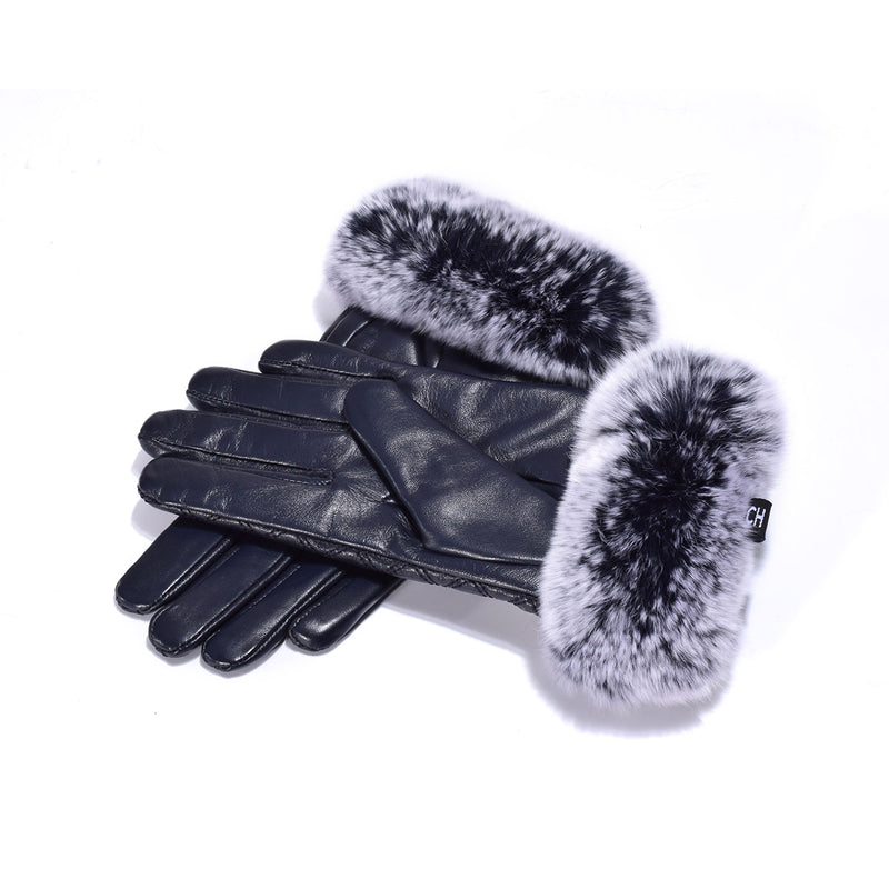UGG Sheepskin Leather Fur Trim Gloves Navy Womens (Carrie)