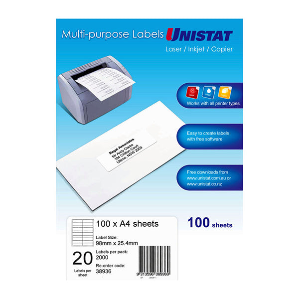 Unistat Lip Label 20Up 98 By 25 Millimeter Box Of 100
