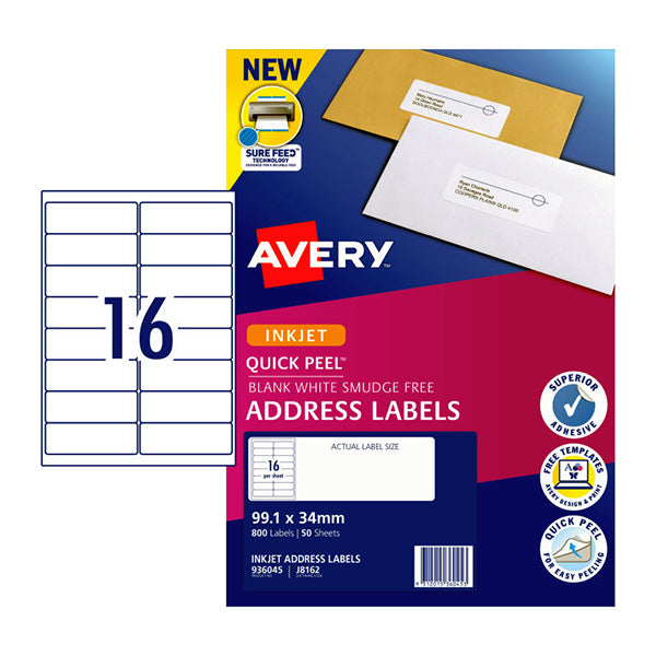 Avery Inkjet Label Quick Peel J8162M 16Up Pack of 50