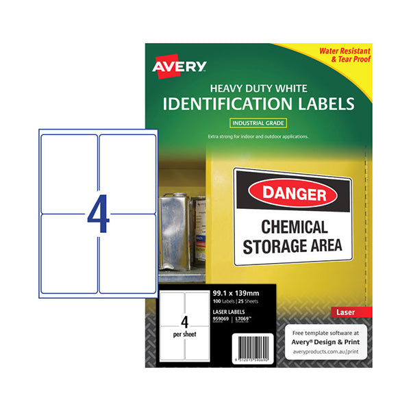 Avery Laser Label Heavy Duty White L7069 4Up Pack Of 25
