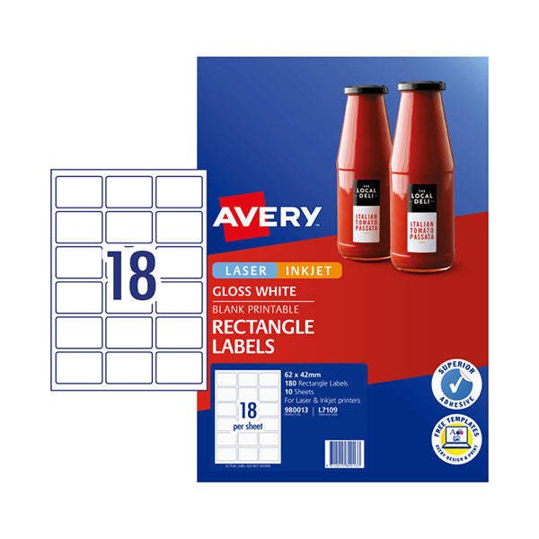 Avery Label Gloss Rectangle L7109 64 By 42Mm 18Up Pack Of 10