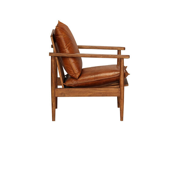 Armchair Real Leather With Acacia Wood Brown