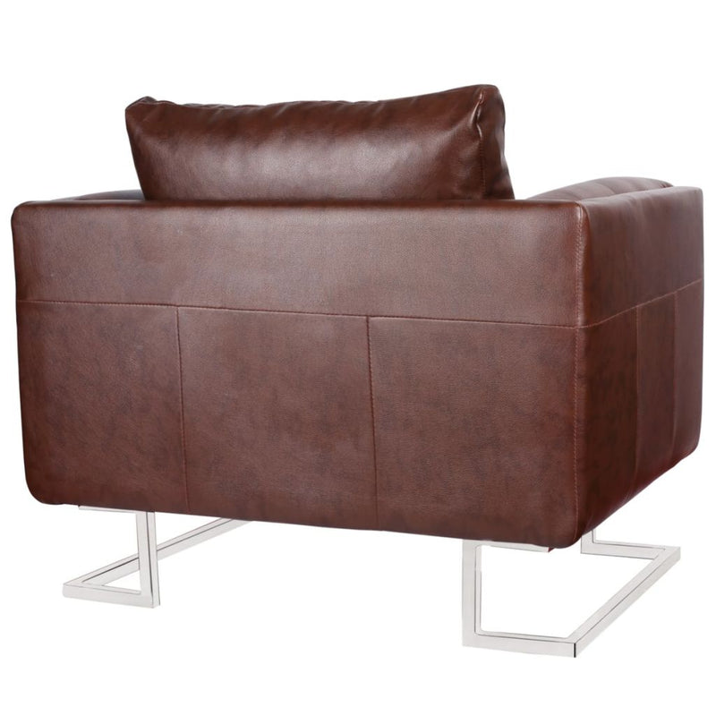 Artificial Leather Cube Armchair With Chrome Feet - Brown