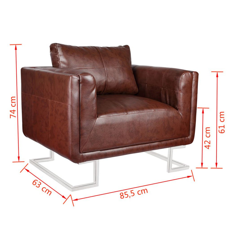 Artificial Leather Cube Armchair With Chrome Feet - Brown