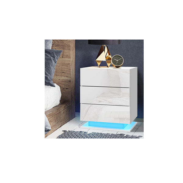 3 Drawers Bedside Tables Rgb Led Lamp Nightstand Gloss