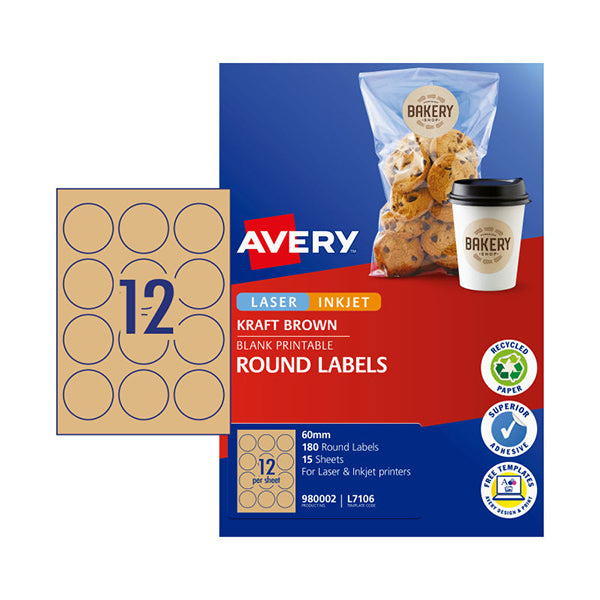 Avery Label Round Brown 60Mm 12Up Pack Of 15