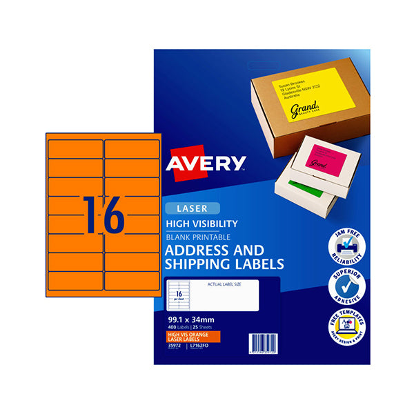 Avery Laser Label Hi Vis Shipping Orange 16Up Pk25