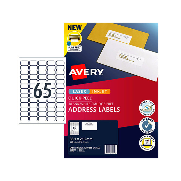 Avery Lip Label Address Quick Peel L7651 65Up Pk10