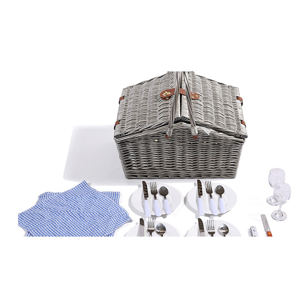 4 Person Picnic Basket Set Outdoor Blanket Wicker Deluxe Folding Handle