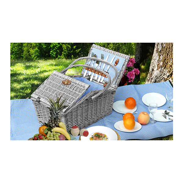 4 Person Picnic Basket Set Outdoor Blanket Wicker Deluxe Folding Handle