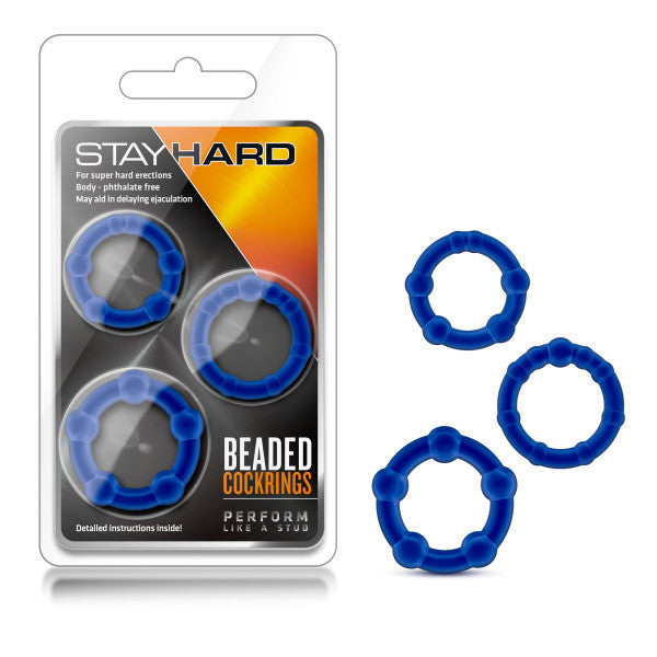 Stay Hard Beaded Blue Cock Rings Set Of  3 Sizes
