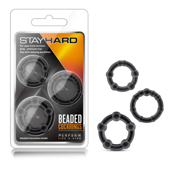Stay Hard Beaded Cockrings - Black Cock Rings - Set of 3 Sizes