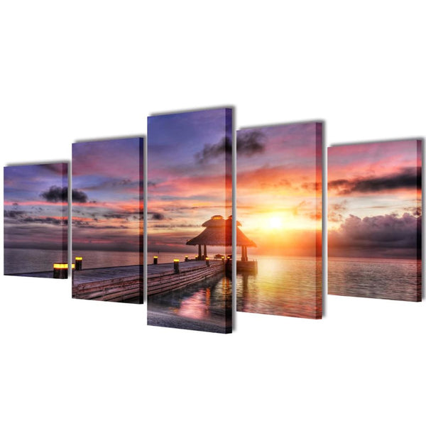 Beach With Pavilion Canvas Wall Print Set 200 x 100 Cm