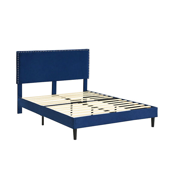 Bed Frame Mattress Base Platform Velvet Wooden Headboard Blue