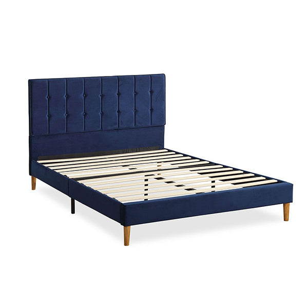Bed Frame Mattress Base Platform Wooden Velvet Headboard Blue