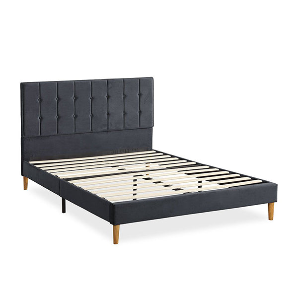 Bed Frame Mattress Base Platform Wooden Velvet Headboard Grey