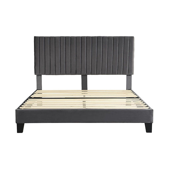 Bed Frame Mattress Base Wooden Velvet Headboard Grey