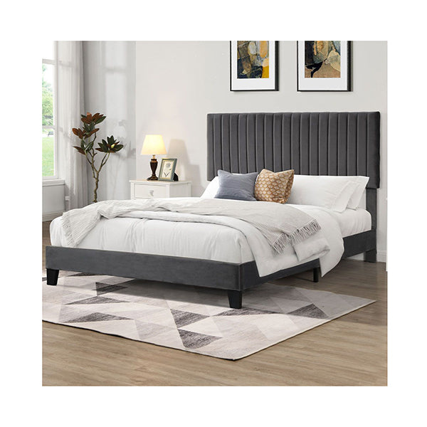Bed Frame Mattress Base Wooden Velvet Headboard Grey