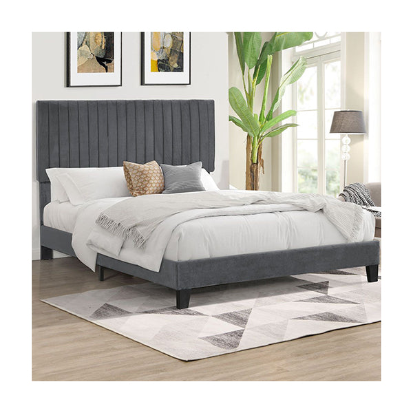 Bed Frame Mattress Base Wooden Velvet Headboard Grey