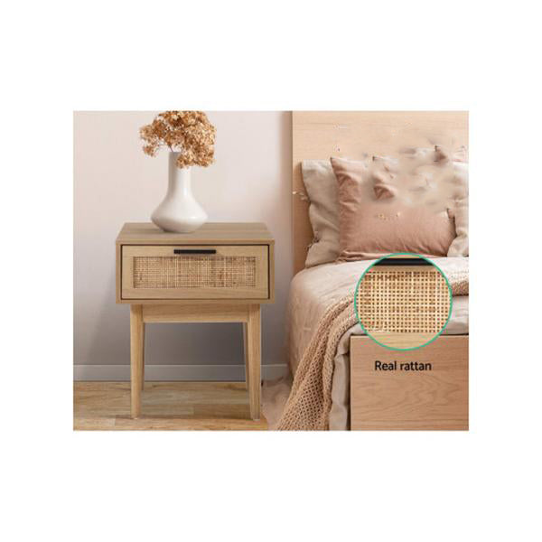 Bedside Table 1 Drawer Storage Cabinet Rattan Wood Nightstand